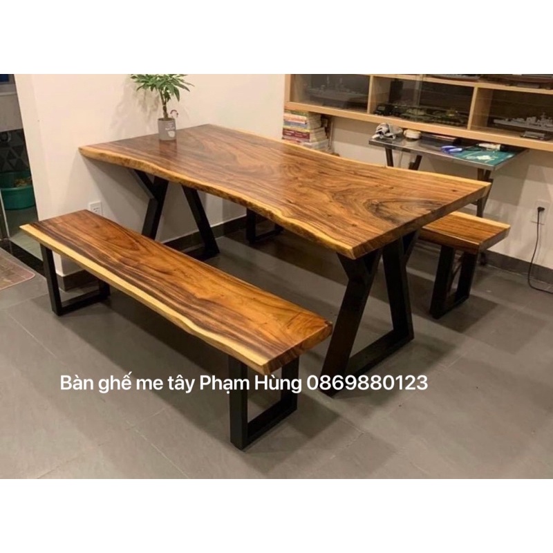 Bộ bàn ghế băng dài me tây cao cấp nguyên khối 60x1m8 dày 5cm