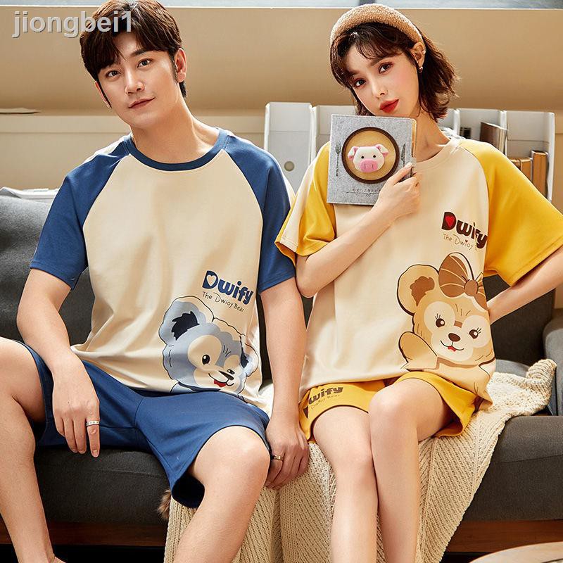 Bộ Đồ Ngủ 2 Món Vải Cotton Mỏng Tay Ngắn In Hoạt Hình Kiểu Hàn Quốc Thời Trang Mùa Hè Cho Các Cặp Đôi