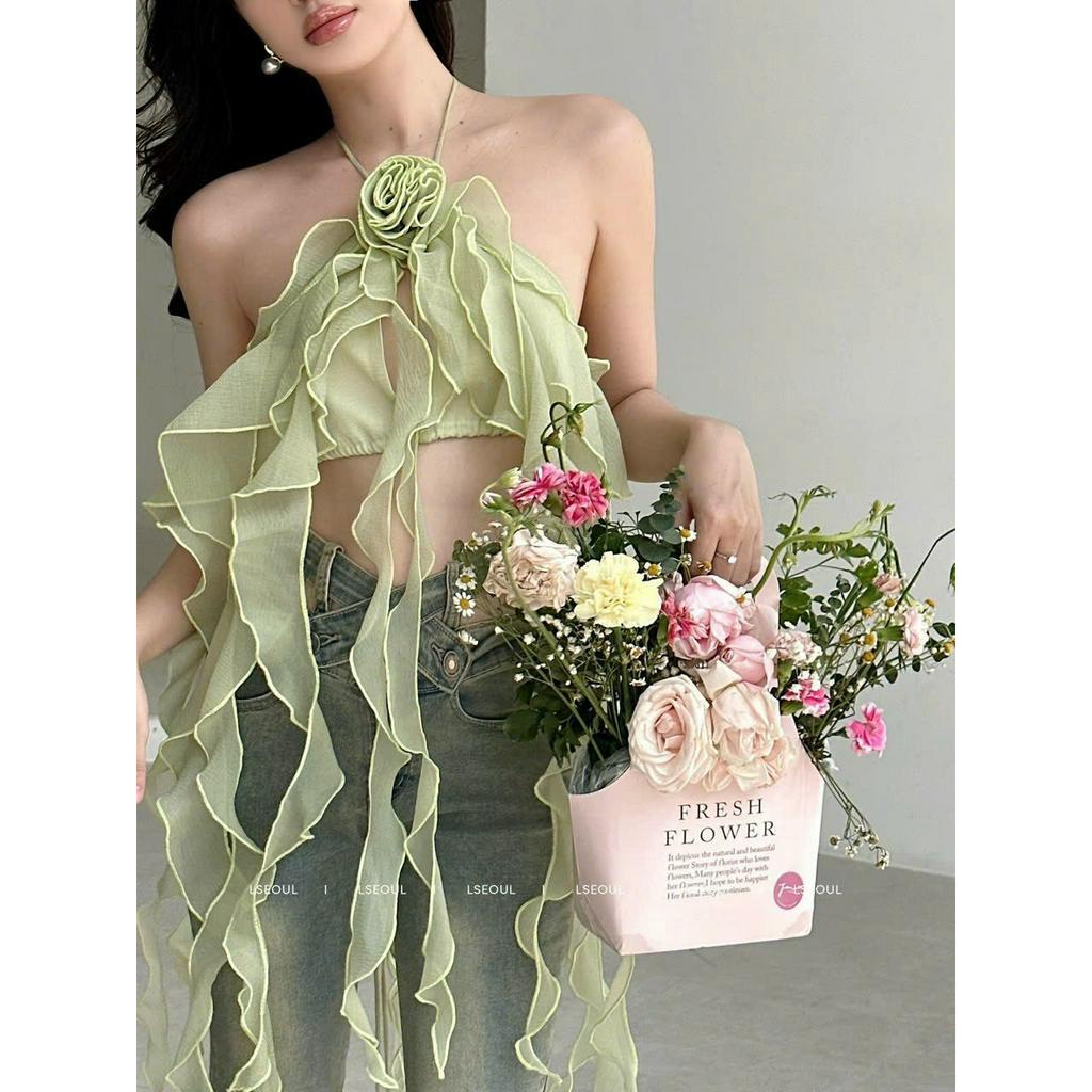 Áo Bạch Tuộc Quảng Châu, Áo Cổ Yếm Đính Hoa Hồng Sang Chảnh Cao Cấp Chất Vải Voan Tơ Nhũ Bao Như Hình - Un - Nxbooutique?