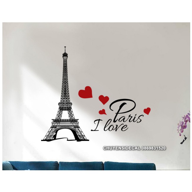 Decal trang trí tường - Tháp Paris Tim đỏ