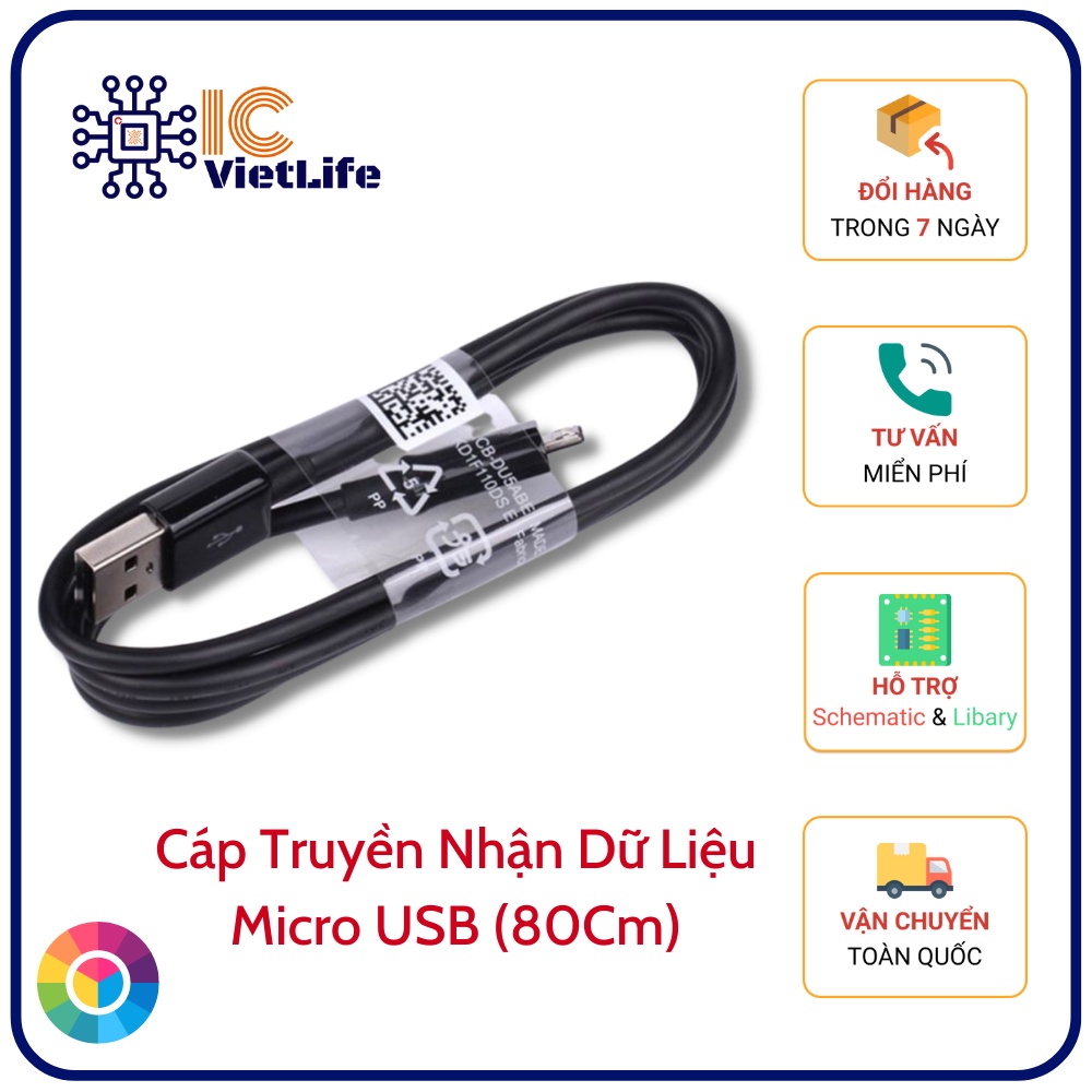 Cáp dữ liệu Micro USB _ Cáp nạp Arduino, Node MCU ESP8266 _ Cáp USB_ Micro USB B 4 Lõi Dài 80cm Màu Đen