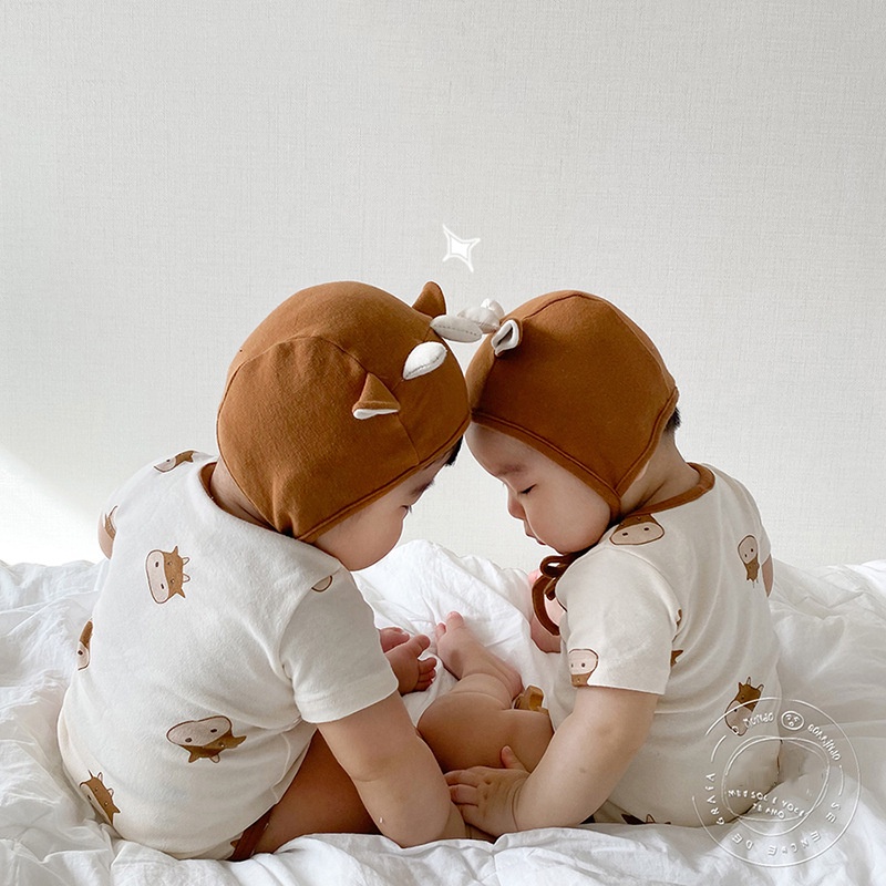 Bộ Áo Liền Quần Tay Ngắn In Họa Tiết Hoạt Hình + Mũ Dễ Thương Thời Trang Cho Bé Sơ Sinh