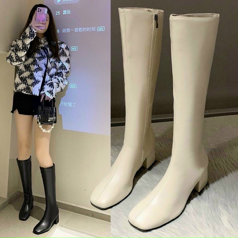 [Xả rẻ đón tết] Giày bốt gối gót vuông 5p da lì khoá cạnh (988b) đẹp dễ đi