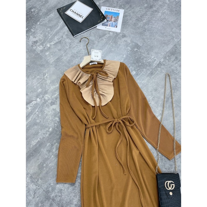 [Rẻ Vô Địch ]Về hàng em váy len zip bèo lơ cổ kèm dây thắt eo xinh lắm ạ Chất len zip dày mịn giãn bao đẹp Hàng may kỹ