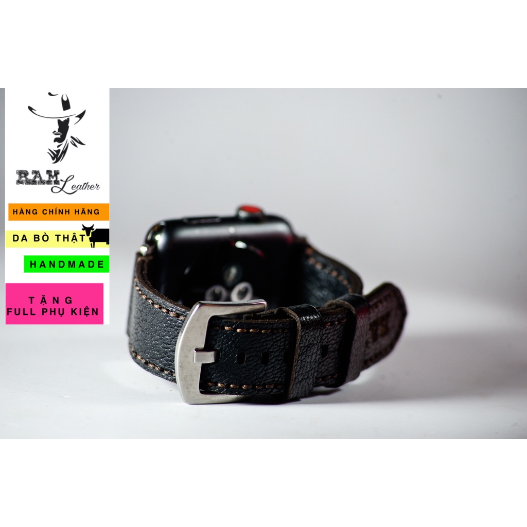 Dây apple watch da dê đen handmade bền chắc cực đẹp by RAM Leather - tặng khóa chốt và adapter