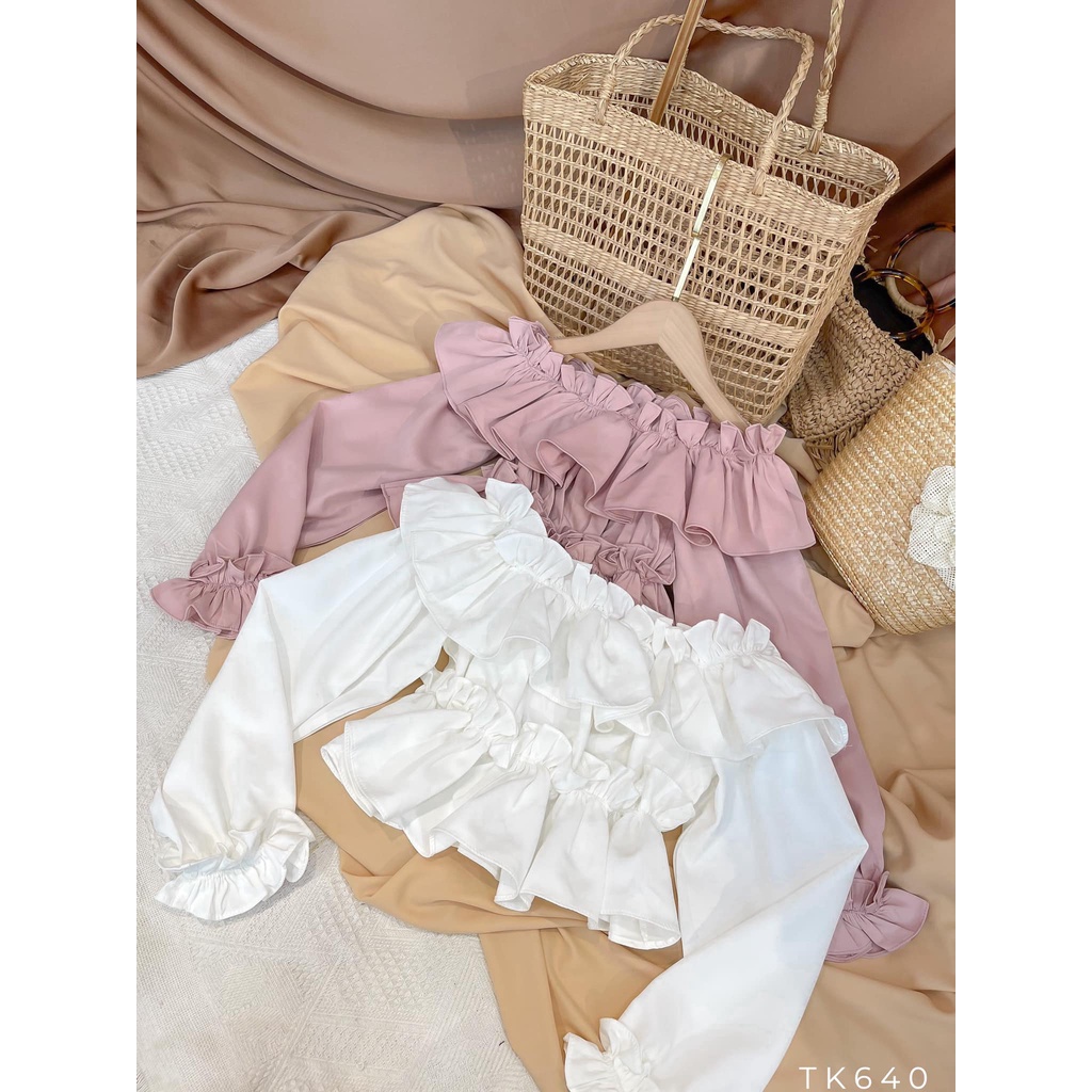 [Ảnh thật] Áo crop trễ vai bèo nhún tay dài croptop tiểu thư xinh xắn dạo phố du lịch cực kool