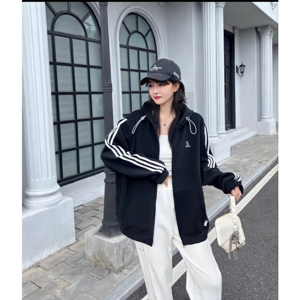 Áo Khoác Nỉ Nữ Sọc Cánh Tay Meestore Áo Hoodie Dáng Rộng Unisex In Vạch Thom Brown Siêu Hot