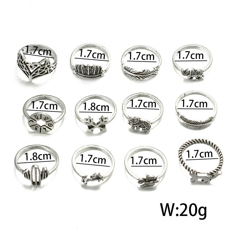 Bohemian Vintage Elephant Animal Ring Bird Leaves Jewelry Gifts 12Pcs