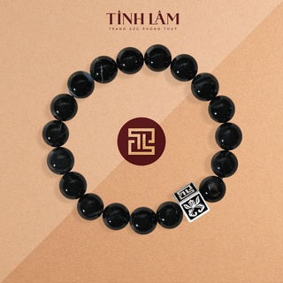TINH LÂM Vòng Tay Phong Thủy Đá Mã Não Đen 10 Li - Charm Vuông Sen