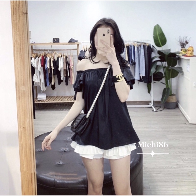 Áo trễ vai tay xếp bèo cánh tiên tiểu thư Michi, áo kiểu nữ michi