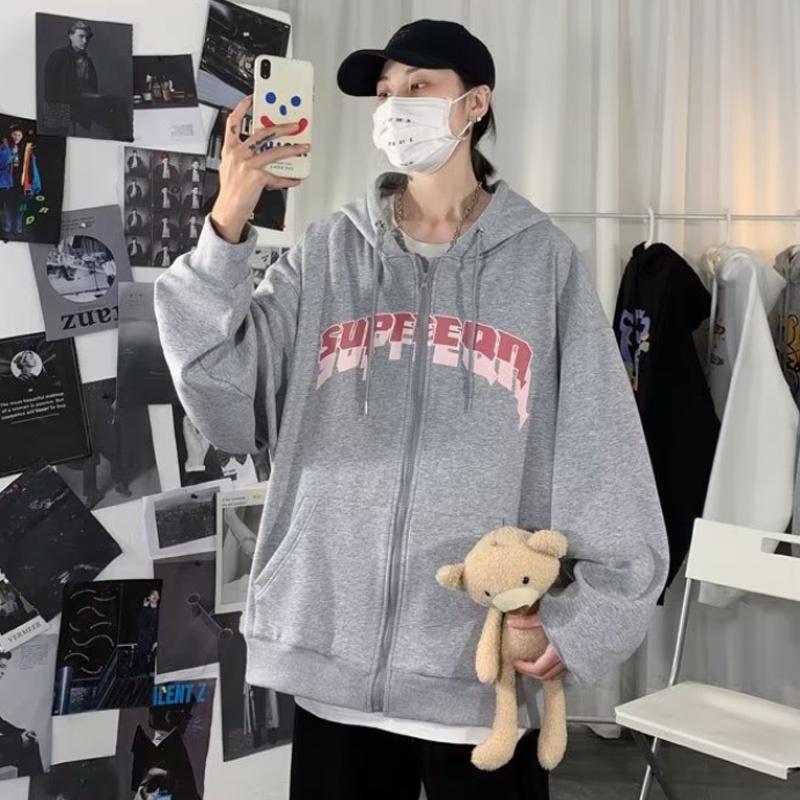 Áo Khoác Hoodie Thể Thao Dáng Rộng In Chữ Có Khóa Kéo Phong Cách Thời Trang Hàn Quốc Cho Nam Giới Có Size M-5XL