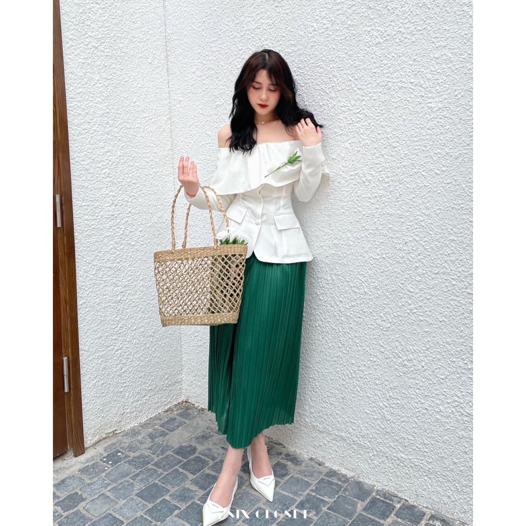 SET ÁO TRẮNG BẸT TRỄ HỞ VAI TAY DÀI TÚI ĐẮP + CHÂN VÁY XANH MIDI DẬP LY LƯNG CAO ULZZANG