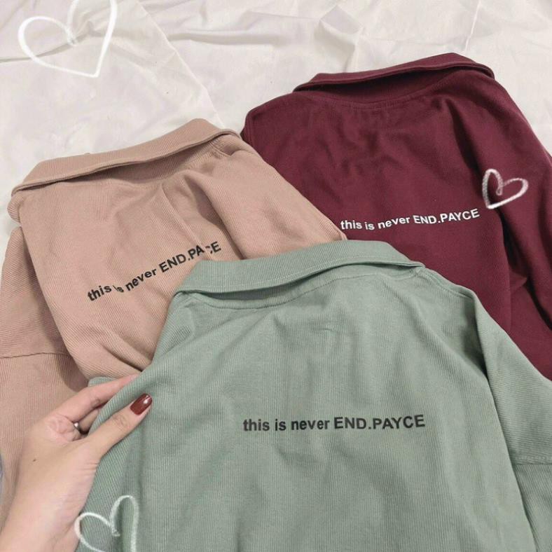 Áo polo oversize gân in chữ xanh trắng đỏ nude tay dài (ảnh thật) New *