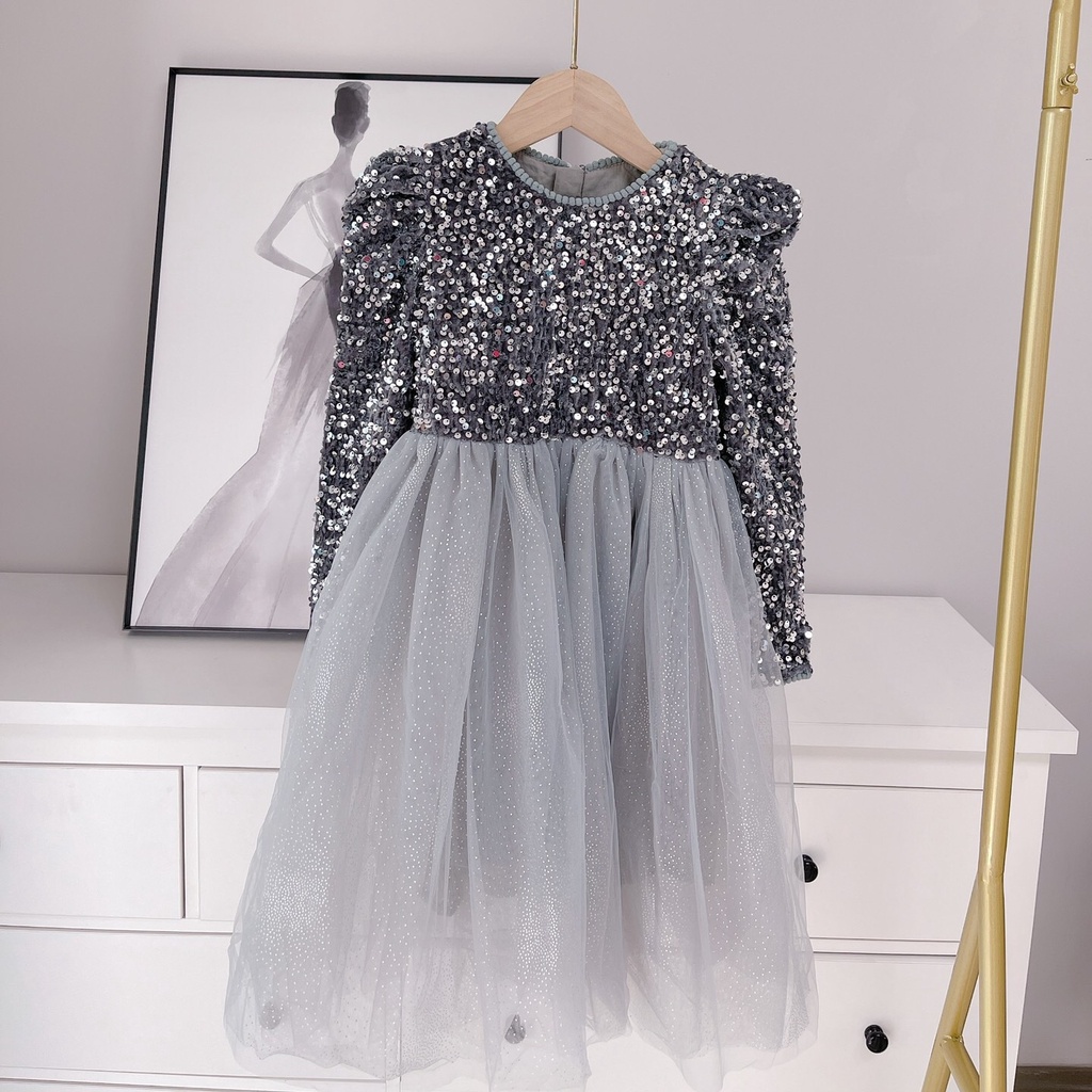 Đầm dự tiệc công chúa tay dài đính kim sa lấp lánh lộng lẫy cho bé gái