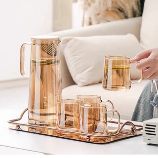 (HOT) Bình cốc thủy tinh 1.8L màu vàng hổ phách p/c Bắc Âu - Bình ly nước thuỷ tinh chịu nhiệt không chì
