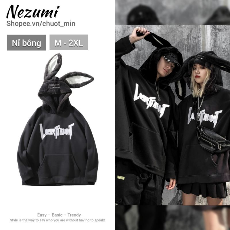 Áo hoodie nỉ bông tai thỏ dài siêu to khổng lồ chữ ngực thêu mũ lông mềm mịn unisex nam nữ