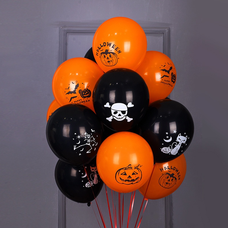 Bong bóng trang trí halloween màu cam họa tiết bộ xương độc đáo