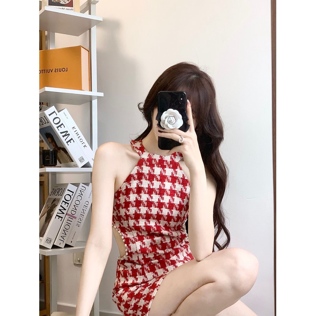 Jiashucheng Hàng Có Sẵn Đầm Ôm Hông Họa Tiết Houndstooth Đính Đá Thiết Kế Khoét Rỗng Hợp Thời Trang