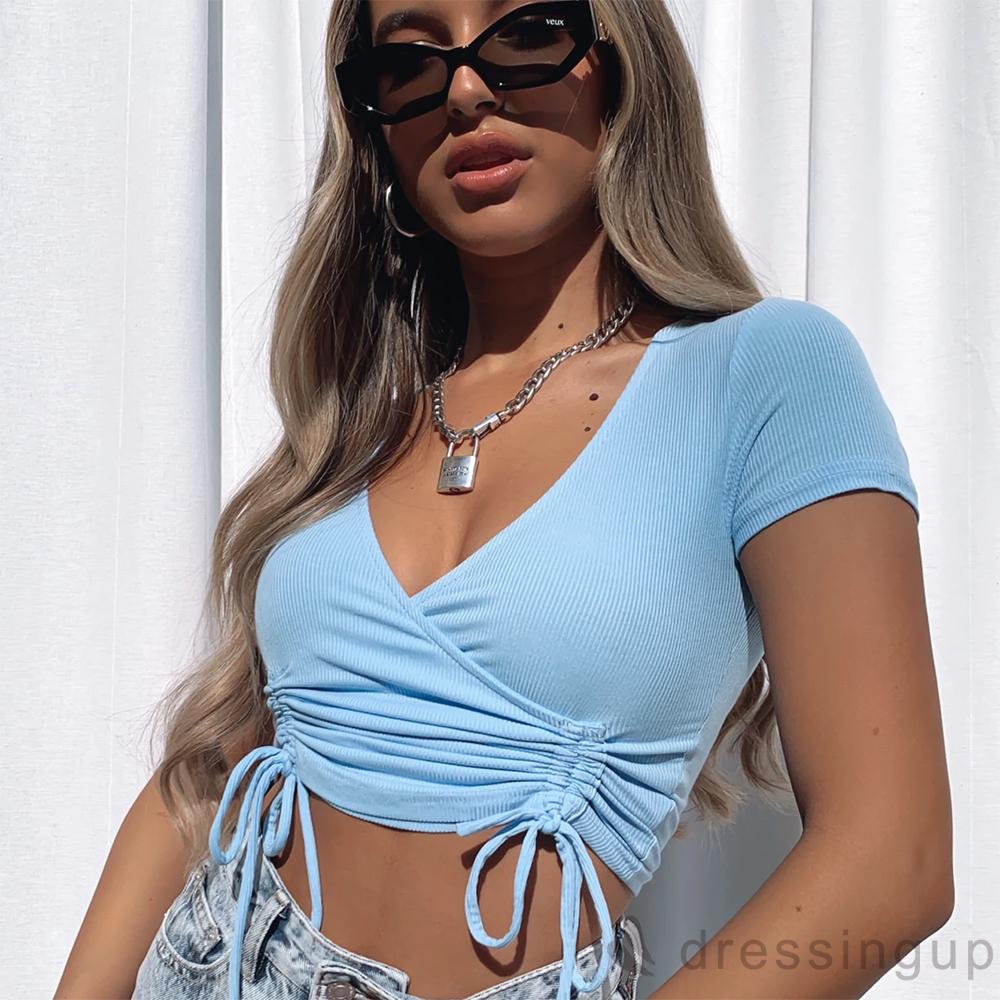 Áo Thun Tay Ngắn Cổ Chữ V Thiết Kế Dây Rút Cá Tính Cho Nữ | BigBuy360 - bigbuy360.vn