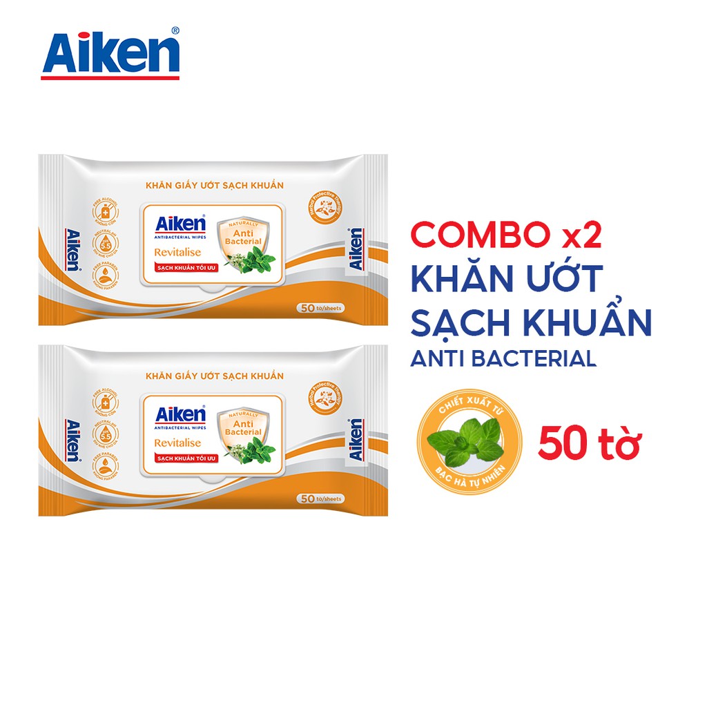 Aiken Combo 2 Gói Khăn Ướt Sạch Khuẩn Chiết Xuất Bạc Hà 50 Tờ/gói