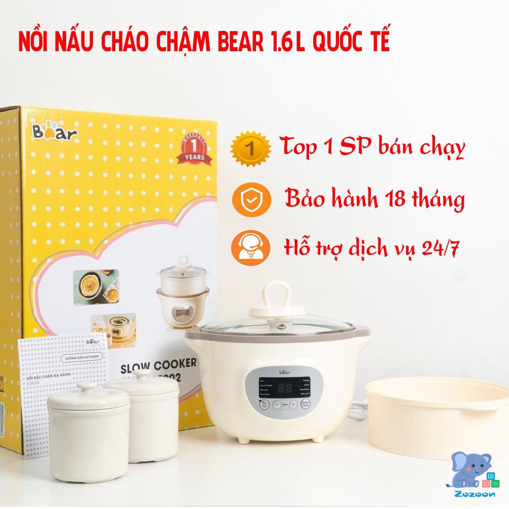 Nồi nấu cháo chậm Bear, nồi nấu cháo ninh hầm cách thủy Bear 1,6 lít bao gồm 3 thố sứ và 1 lồng hấp - BH 18 tháng