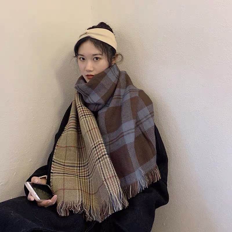 LOẠI 1- XỊN - KHĂN LEN KẺ TUA RUA VINTAGE RETRO HÀN QUỐC KHĂN ĐÔI NAM NỮ