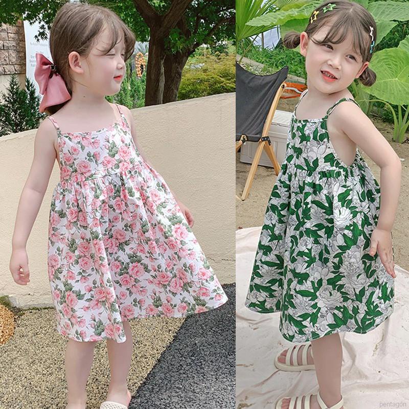 Đầm Công Chúa Hai Dây Hở Lưng In Hoa Phong Cách Hàn Quốc Cho Bé Gái