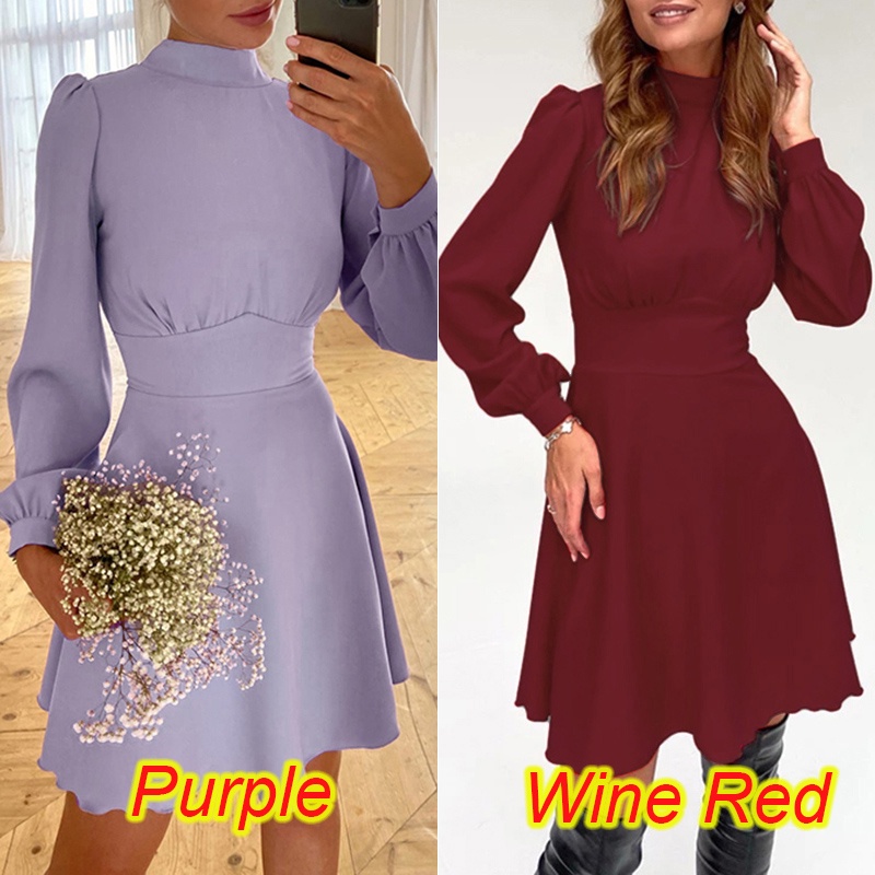 Đầm midi ZANZEA cổ rùa tay phồng ôm eo thời trang cho nữ