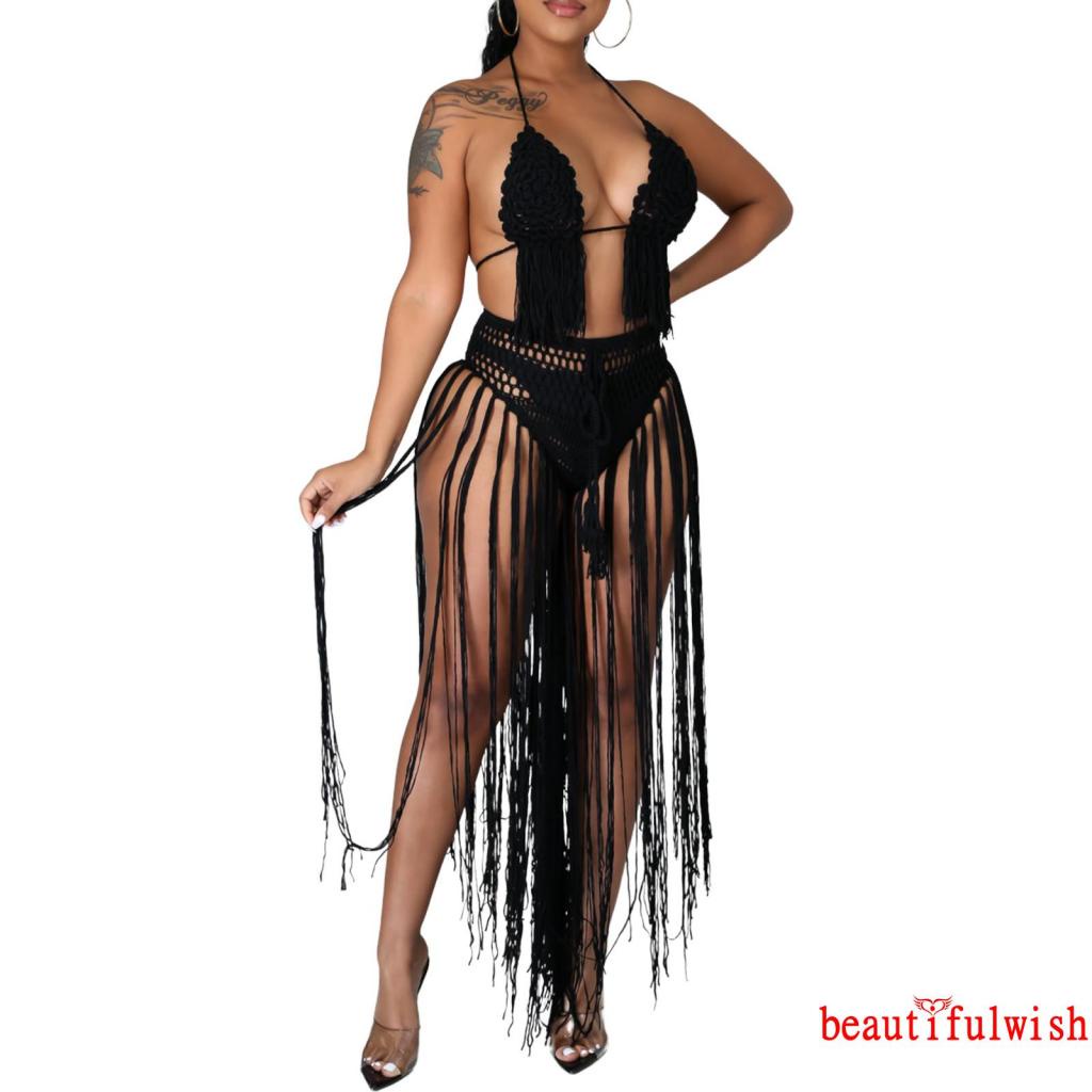 Bộ bikini đan len + quần lót tua rua dài thời trang đi biển mùa hè cho nữ
 | BigBuy360 - bigbuy360.vn