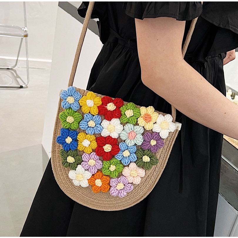 Túi Đeo Chéo Vai Đan Cói Đính Hoa Nhỏ Dễ Thương Thời Trang Mùa Hè Dành Cho Bạn Nữ 2022