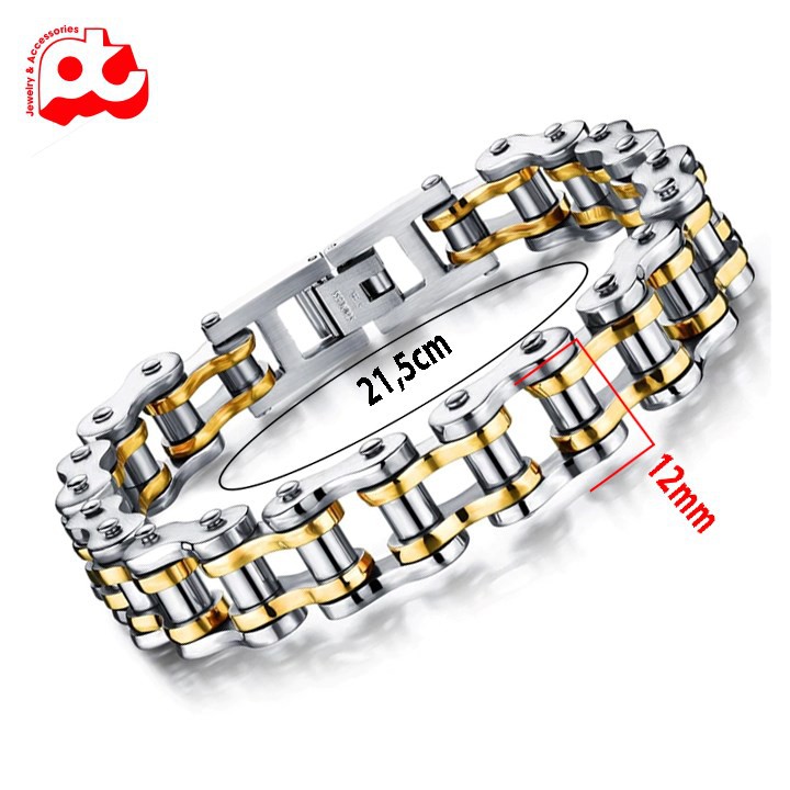 Lắc tay nam inox  kiểu dây sên xe độc đáo cá tính kích cỡ 12mm màu trắng mạ vàng cách điệu  thép không gỉ HSLTNA02