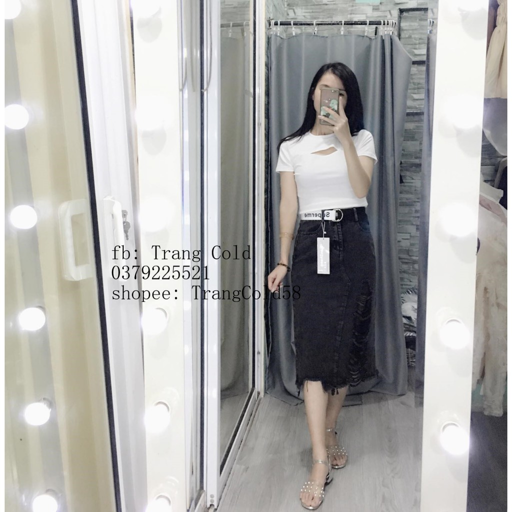 Chân váy bò rách kèm đai xẻ sau hàng loại 1 ( Ảnh thật shop chụp ) | BigBuy360 - bigbuy360.vn