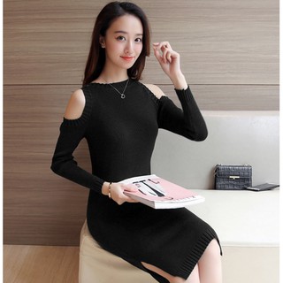 Đầm Bầu Thu Đông - Váy Len Khoét Vai Cá Tính (Đen)