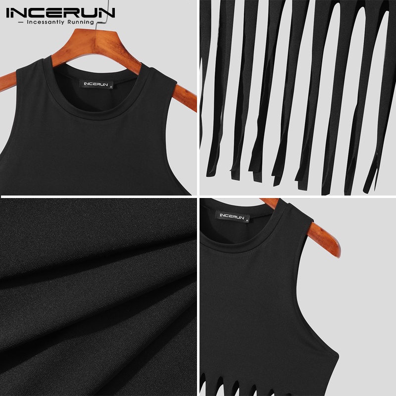 INCERUN Áo Thun Ba Lỗ Màu Đen Phối Tua Rua Thời Trang Mùa Hè Cho Nam Giới