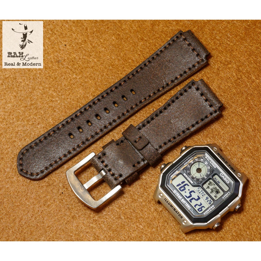 Dây đồng hồ da bò RAM Leather  cho casio 1200 , 1300 , 1000 và 18mm - tặng khóa chốt và cây thay dây