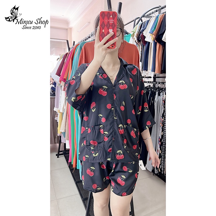 Bộ mặc nhà, bộ ngủ pijama quần đùi áo ngắn tay cánh dơi, phom rộng vải lụa mát lịm hot trend PJ122