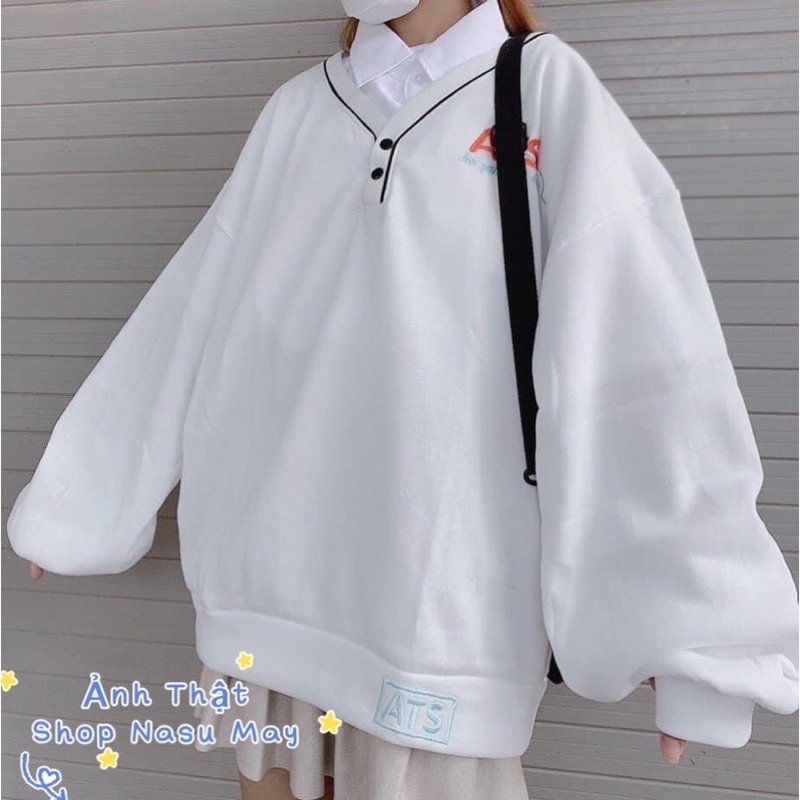 Áo Sweeter Thun Form Rộng Nỉ Nữ Cúc Cổ ATS Nam Nữ Trắng Xanh- Than- Boss | BigBuy360 - bigbuy360.vn