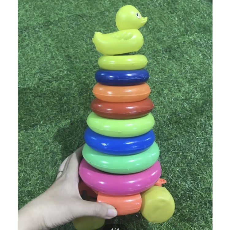 [Hàng VN] Tháp xếp hình cầu vồng bằng nhựa màu sắc kèm xe kéo vịt - Smart baby