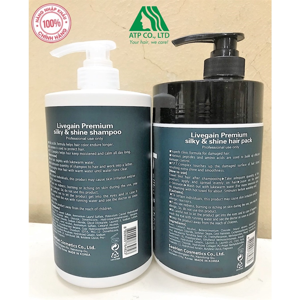 COMBO Gội + Hấp giữ màu nước hoa Livegain Premium Silky & Shine 1000ml + 1000ml