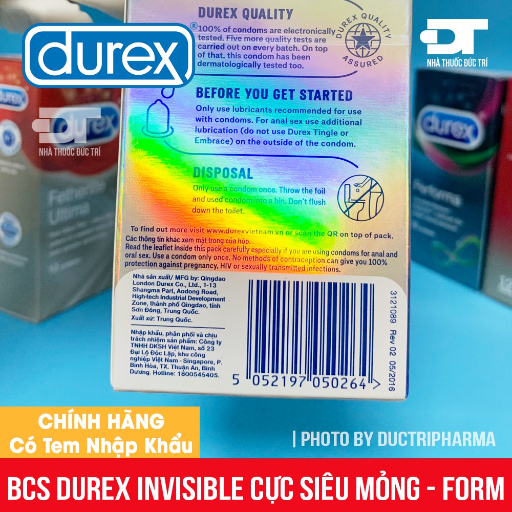 [CHÍNH HÃNG] Bao cao su siêu mỏng Durex Invisible Extra Thin Extra Sensitive (10 Bao). NHẬP KHẨU BỞI DKSH Việt Nam