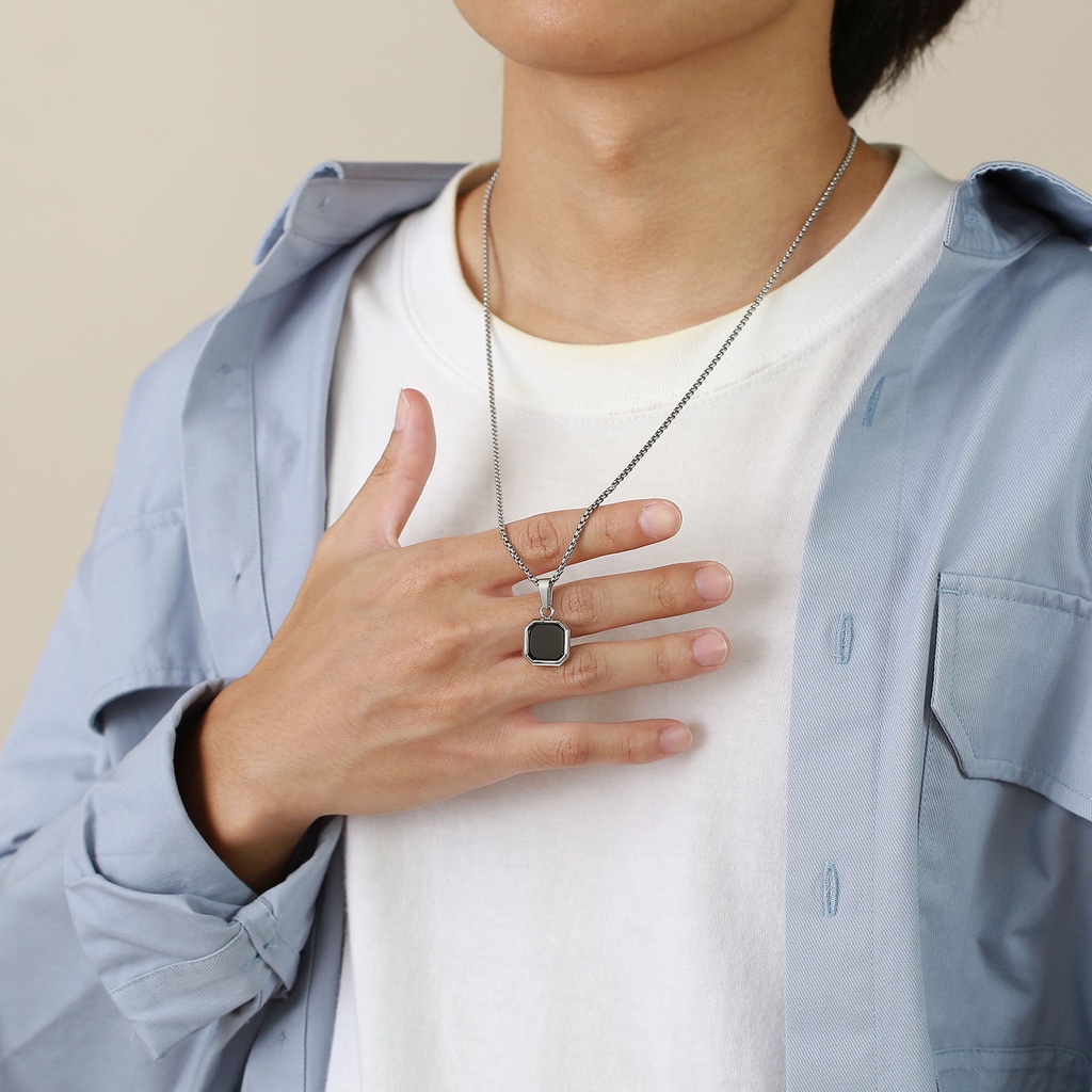 Vnox Vòng cổ Mặt Đá Đen Hình Vuông Đơn Giản Cho Nam