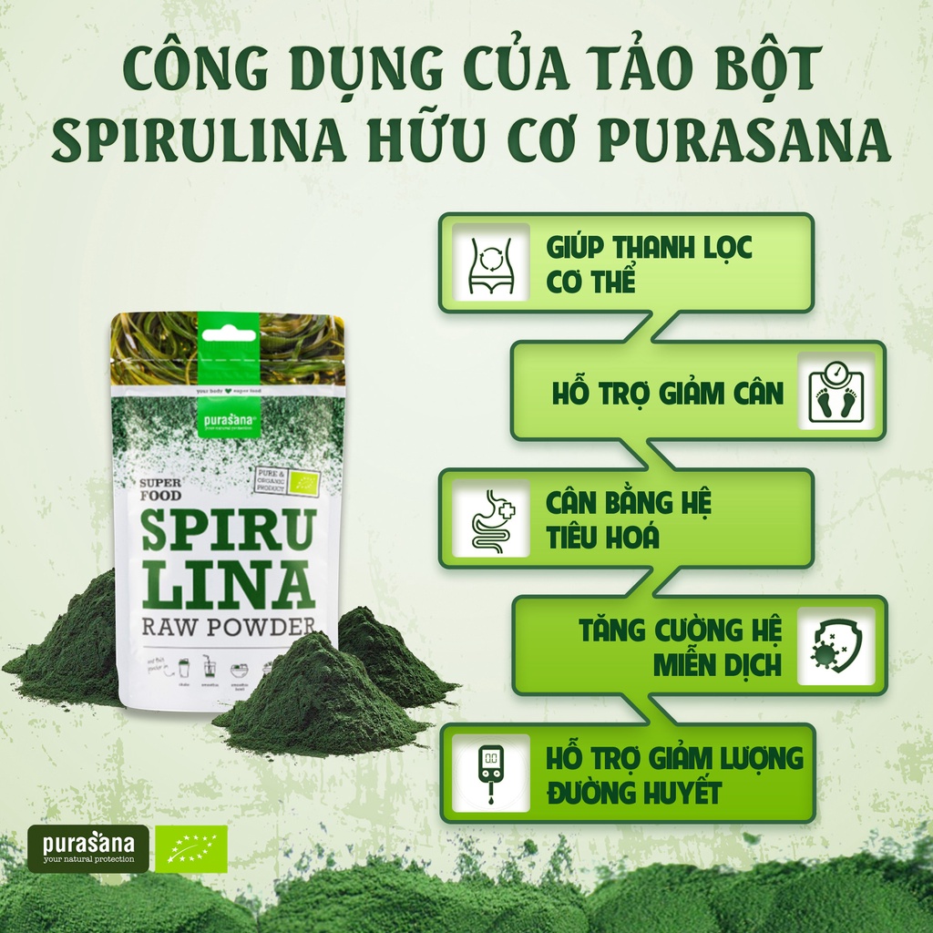 Bột TẢO XOẮN Spirulina hữu cơ PURASANA 200g/100g - Date: 30/4/2025 - Nhà hữu cơ