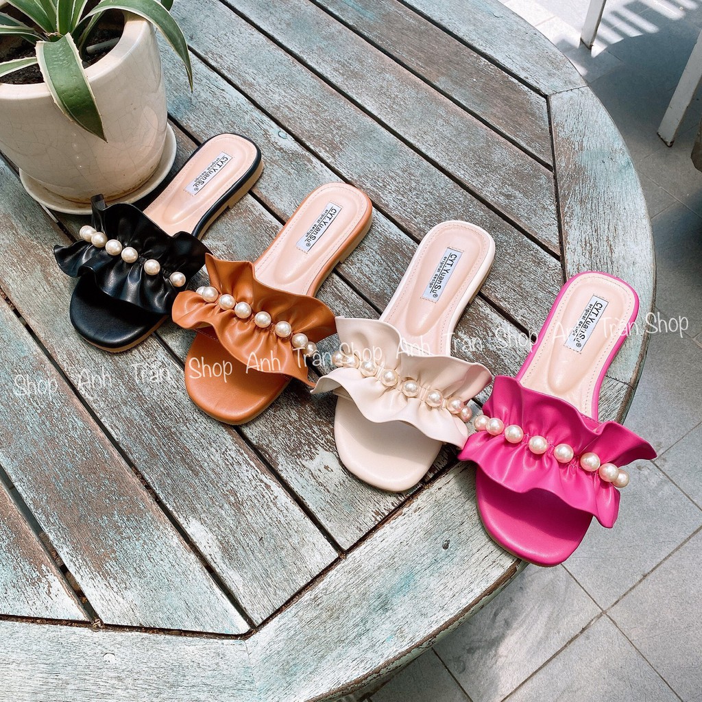 Dép nữ quai ngang bèo nhún đính ngọc Quảng Châu cao cấp DE2388