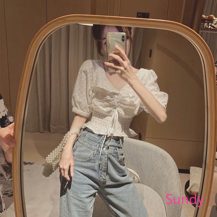 Áo Croptop Tay Phồng Cổ Chữ V Thời Trang Mùa Hè Cho Nữ