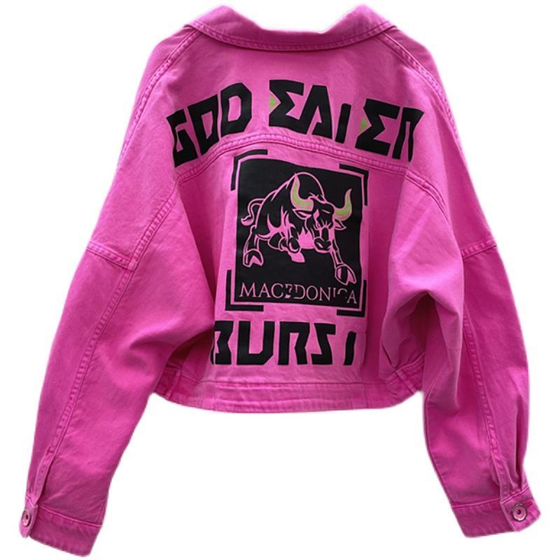 Áo Khoác Denim Dáng Ngắn In Hoa Hồng Đỏ Cá Tính Cho Nữ