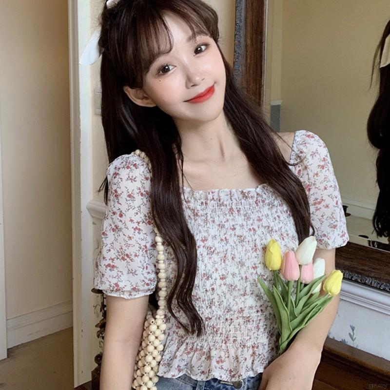 Áo chiffon nữ tay ngắn cổ vuông in hoa phong cách Hàn Quốc xinh xắn