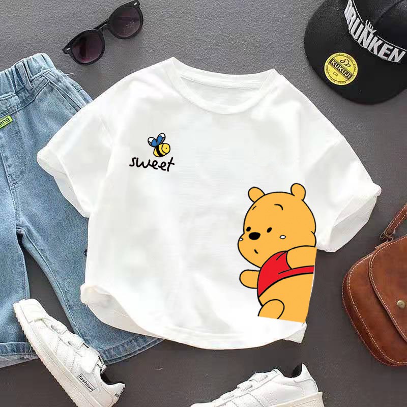 Áo thun trẻ em Babekids cotton hình in Gấu Pooh và chú Ong, thời trang dành cho trẻ em từ 4 đến 10 tuổi