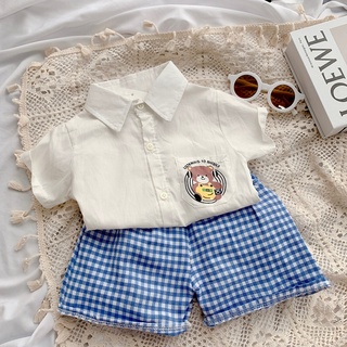Set áo sơ mi cộc tay hình gấu quần caro cho bé trai size 1 2 3 4 5 tuổi MINTSCLOSET Mint's Closet - TN3041
