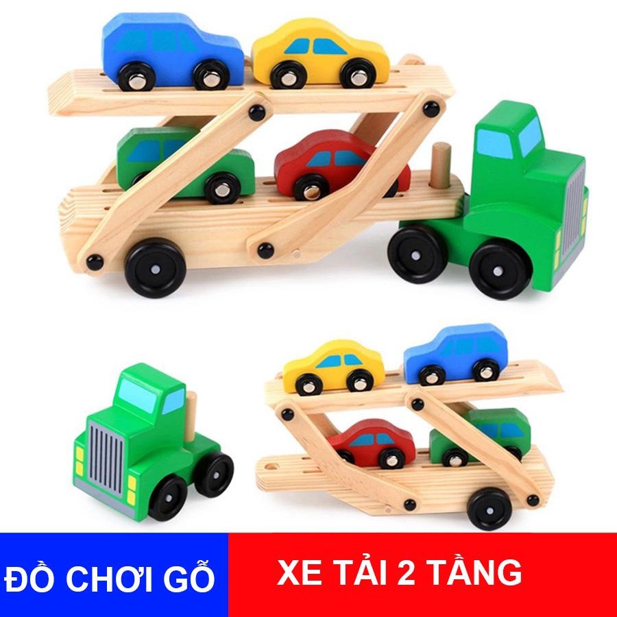 XE Ô TÔ 2 TẦNG + 4 Ô TÔ CON- ĐỒ CHƠI GỖ PHÁT TRIỂN TRÍ TUỆ CHO BÉ