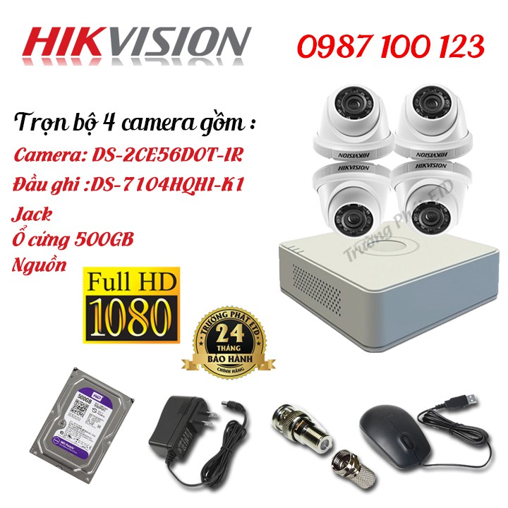 Trọn Bộ (2-8) Camera HIKVISION Dome Vỏ Sắt 2MP DS-2CE56D0T-IR Full HD1080 - Full Phụ Kiện - Hàng Chính Hàng